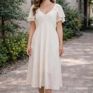 Leith Midi Dress Flutter Sleeve V Neck Cream Gauze Elastic Waist Size M